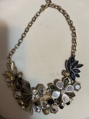 Statement Floral Bib Necklace - Gold Tone with Black and Cream Accents